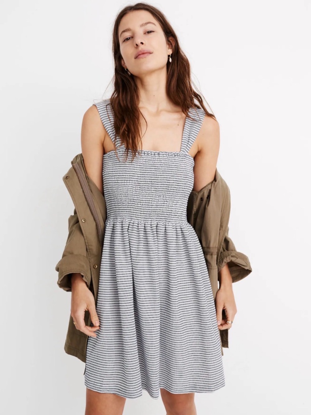 Madewell Navy & White Striped Smocked Midi Dress